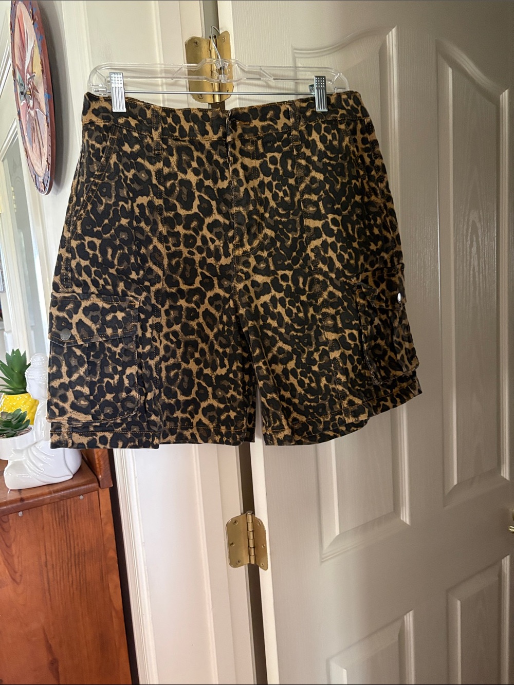 Leopard Print Cargo Shorts - Women's Animal Print Summer Shorts. Elastic waist
